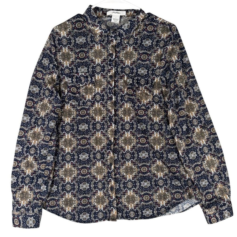 Love Potion Patterned Button Up Blouse Tabbed Sleeves Semi Sheer Women's Size L